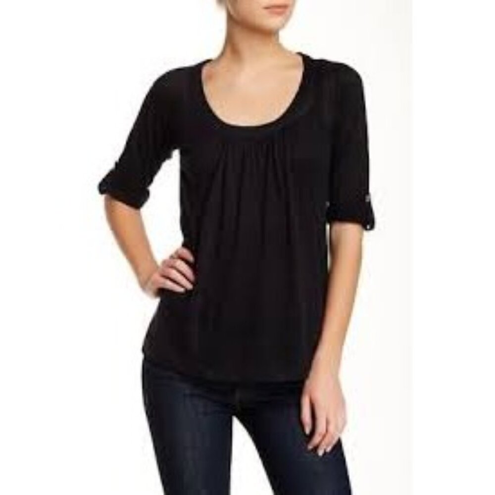 Joie Black Linen Long Sleeve Blouse‎ Button Tabs M Summer Neutral Natural